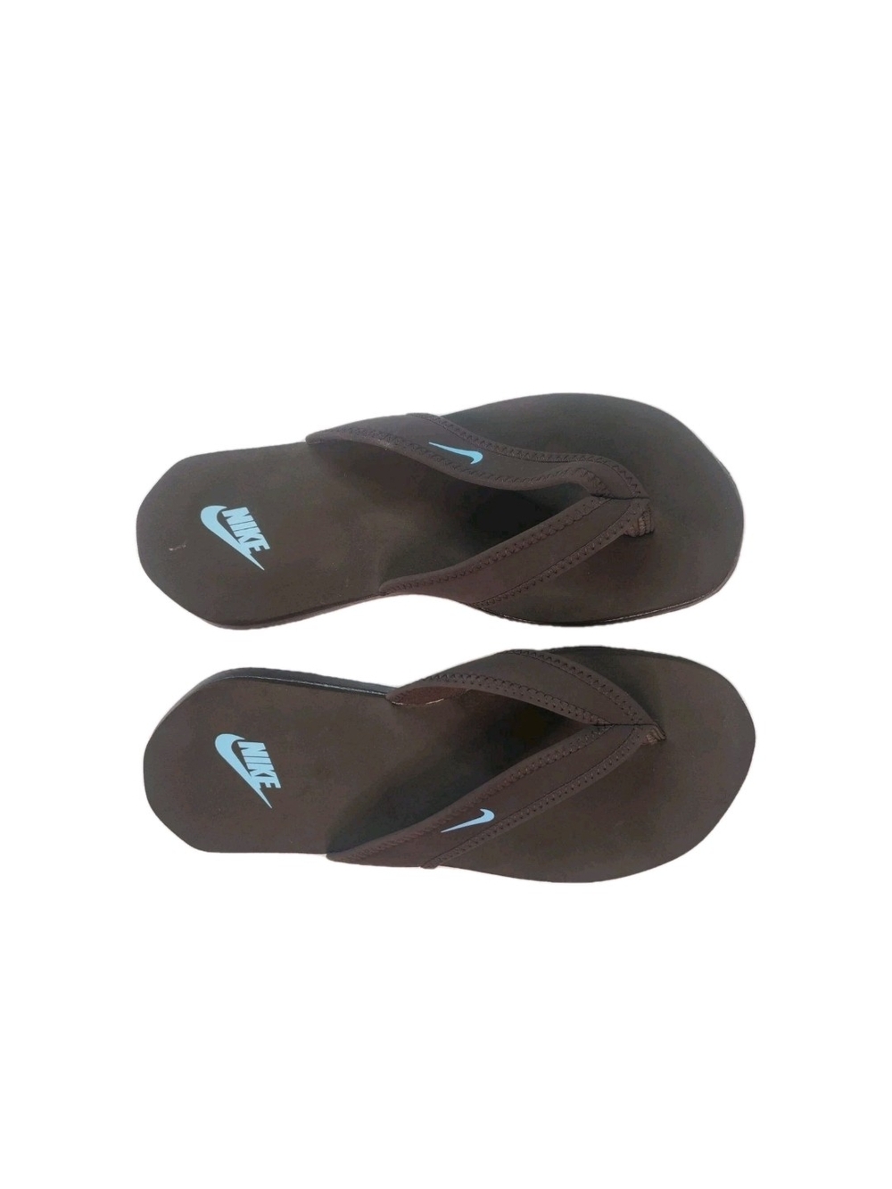 Nike Celso Brown Flip Flops with Light Blue Swoosh WOMENS 10 MENS 9
